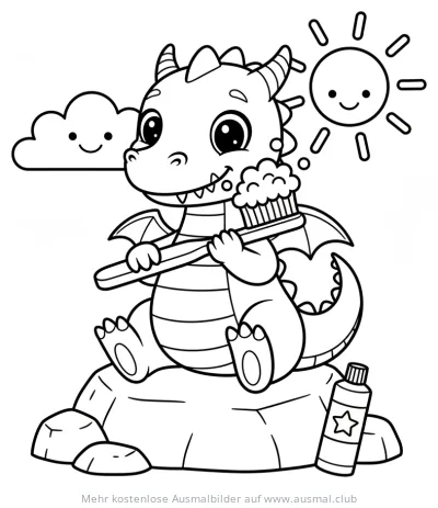 Drache putzt Zähne Ausmalbild mit Sonne und Wolke