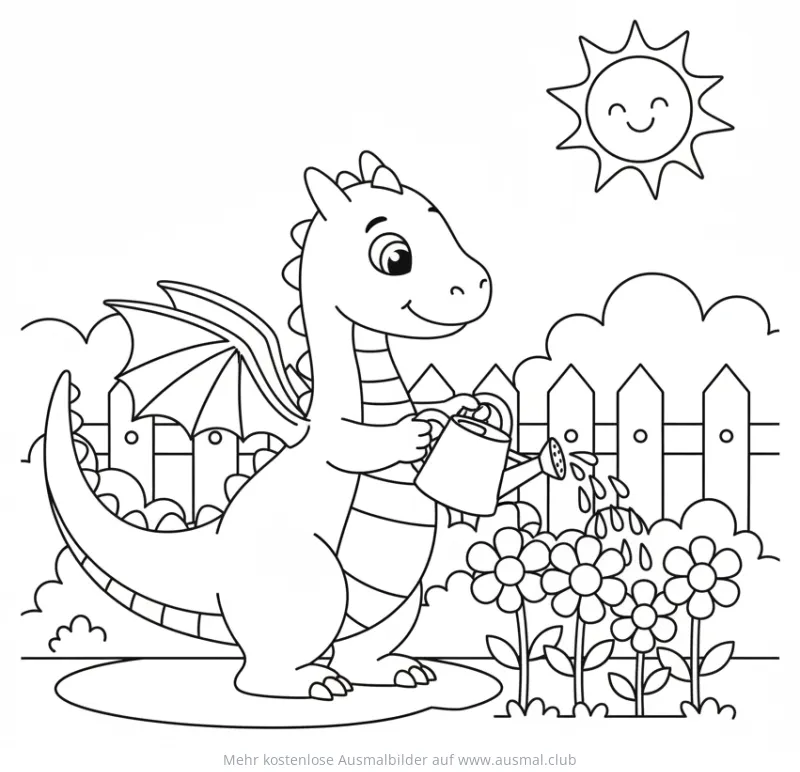 Drache gießt Blumen im Garten Ausmalbild