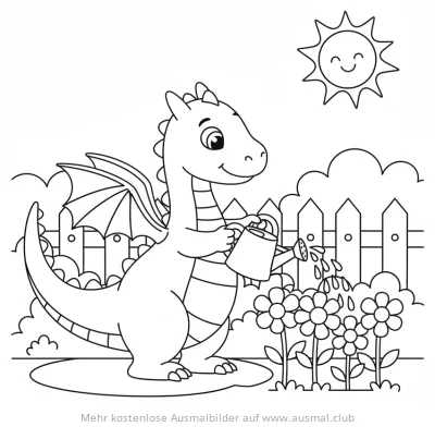 Drache gießt Blumen im Garten Ausmalbild