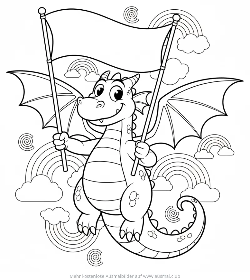 Freundlicher fliegender Drache mit Flagge Ausmalbild