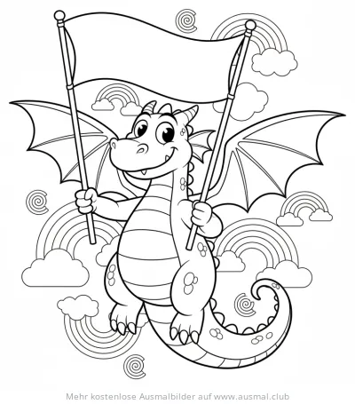 Freundlicher fliegender Drache mit Flagge Ausmalbild