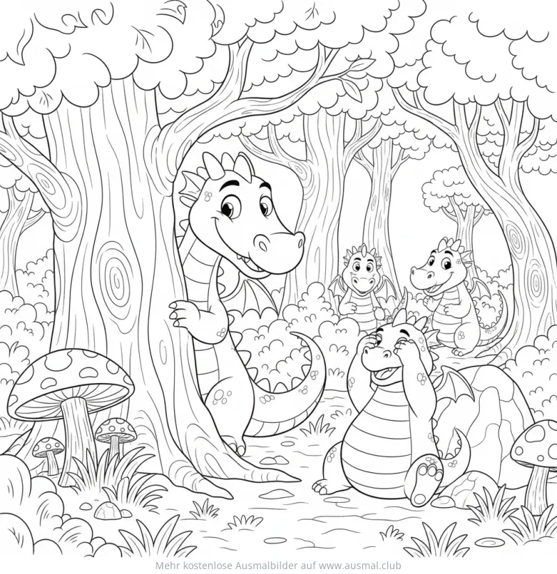 Drachenwald Ausmalbild mit vier Drachen und Bäumen