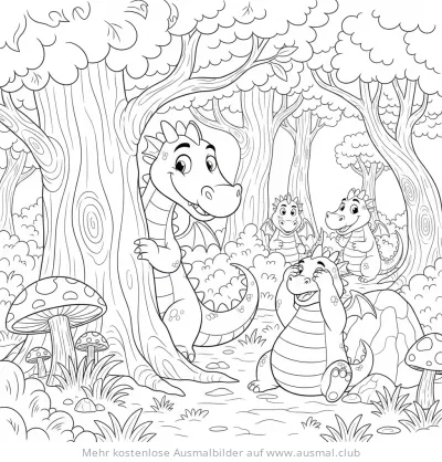 Drachenwald Ausmalbild mit vier Drachen und Bäumen