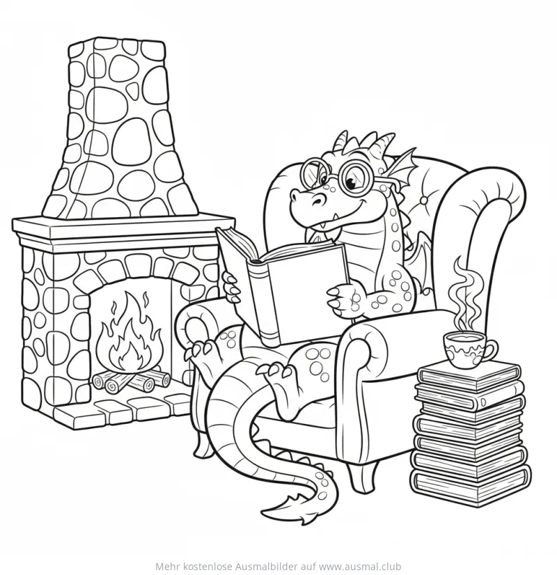 Lesender Drache mit Brille im Sessel am Kamin Ausmalbild