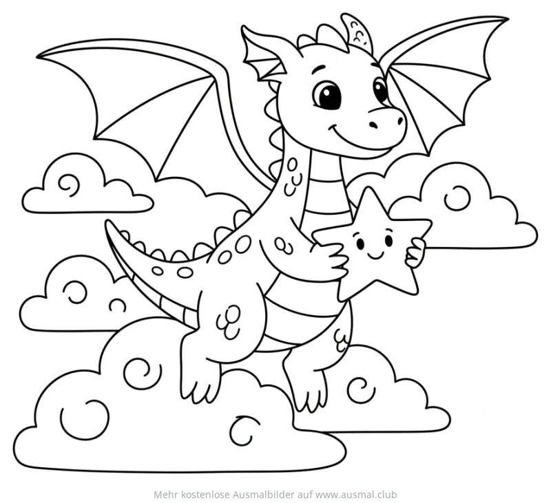 Fliegender Drache mit Stern Ausmalbild