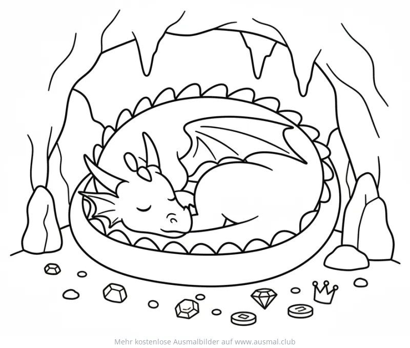 Schlafender Drache in Höhle mit Schätzen Ausmalbild