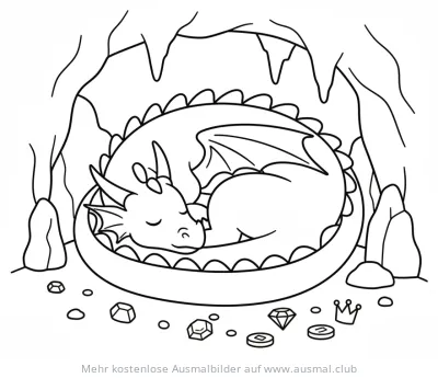 Schlafender Drache in Höhle mit Schätzen Ausmalbild