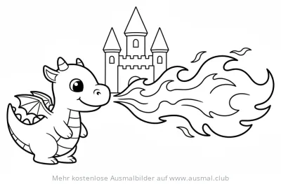 Feuerspeiender Drache vor Burg Ausmalbild