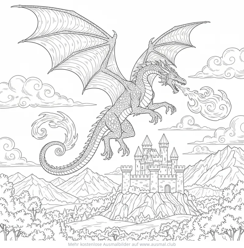 Drache speit Feuer vor Burg Ausmalbild