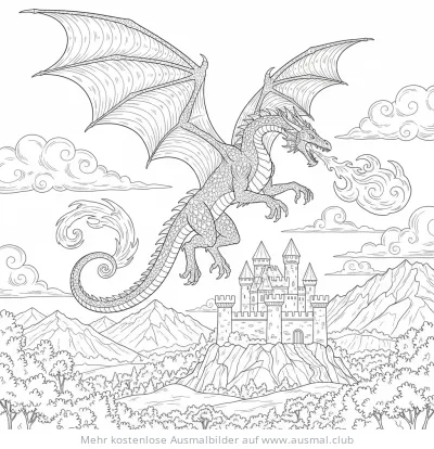 Drache speit Feuer vor Burg Ausmalbild