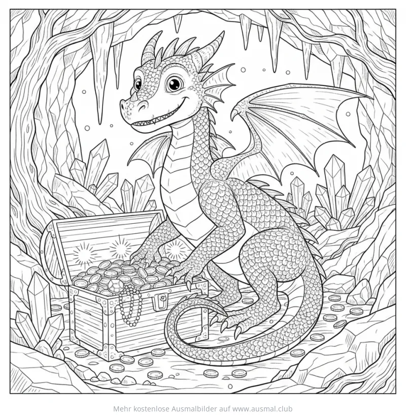 Freundlicher Drache mit Schatztruhe Ausmalbild