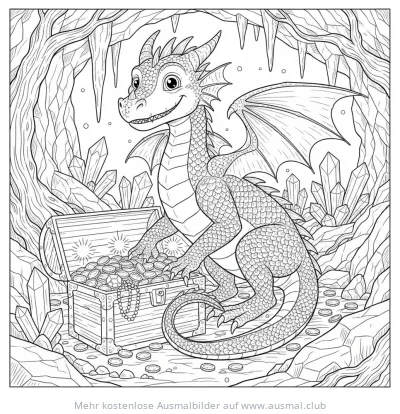 Freundlicher Drache mit Schatztruhe Ausmalbild