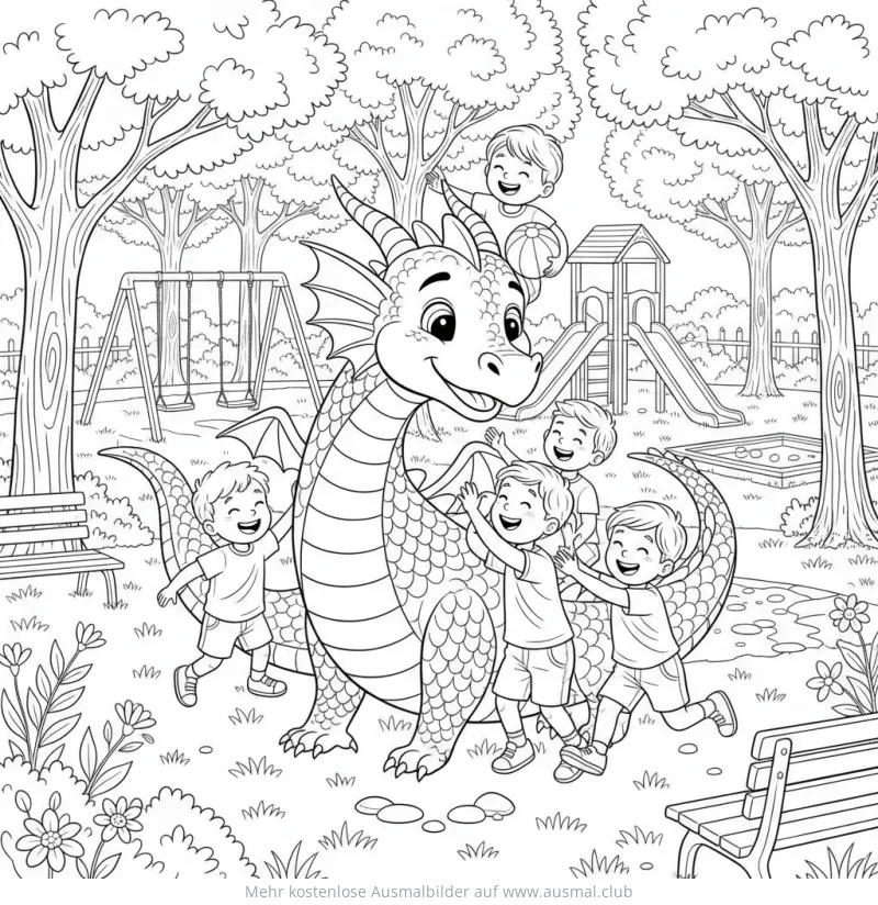 Drache mit Kindern im Park Ausmalbild