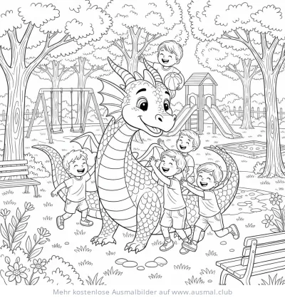Drache mit Kindern im Park Ausmalbild