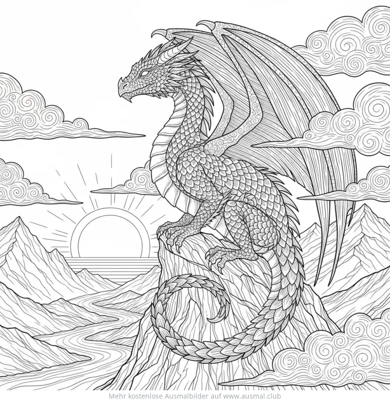 Drache auf Berggipfel mit Sonnenaufgang Ausmalbild