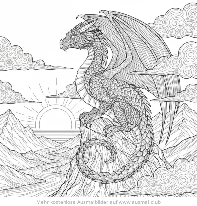 Drache auf Berggipfel mit Sonnenaufgang Ausmalbild