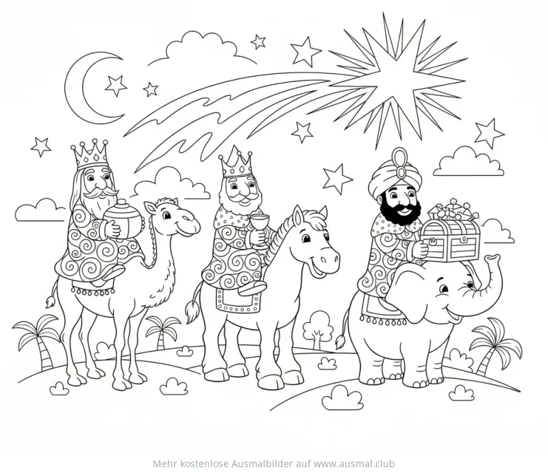 Heilige Drei Könige mit Kamel, Pferd und Elefant Ausmalbild