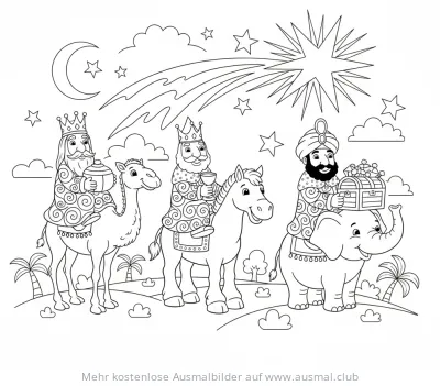 Heilige Drei Könige mit Kamel, Pferd und Elefant Ausmalbild