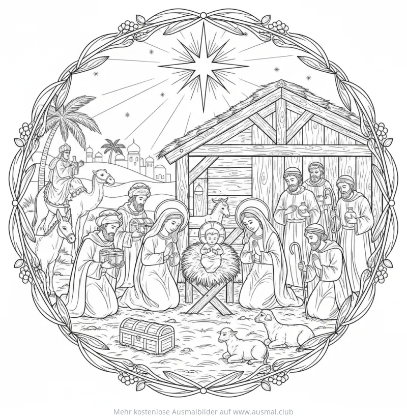 Krippe mit Heiliger Familie und Heiligen Drei Königen Ausmalbild