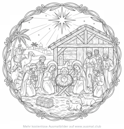 Krippe mit Heiliger Familie und Heiligen Drei Königen Ausmalbild