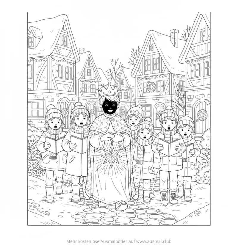 Sternsinger mit König im Dorf Ausmalbild