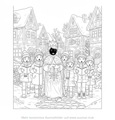 Sternsinger mit König im Dorf Ausmalbild