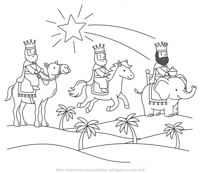 Heilige Drei Könige reiten auf Kamel, Pferd und Elefant Ausmalbild