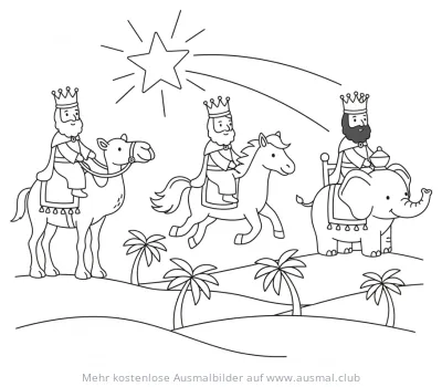 Heilige Drei Könige reiten auf Kamel, Pferd und Elefant Ausmalbild