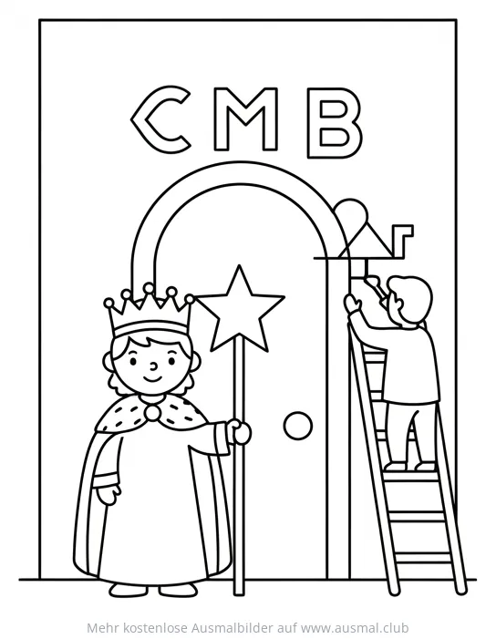 Sternsinger und Helfer an der Tür Ausmalbild