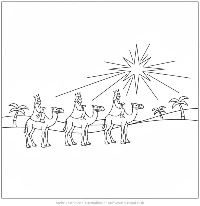 Heilige Drei Könige reiten auf Kamelen unter einem Stern, Ausmalbild