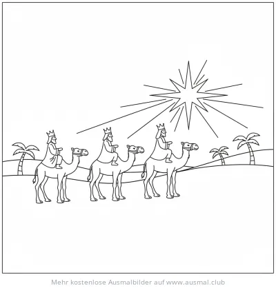 Heilige Drei Könige reiten auf Kamelen unter einem Stern, Ausmalbild