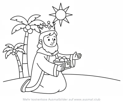 Caspar, einer der Heiligen Drei Könige, mit Schatzkiste Ausmalbild