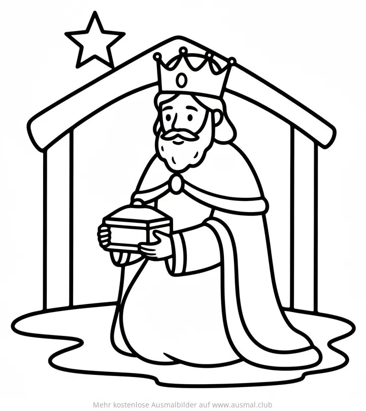 Melchior kniend mit Geschenk in Krippe Ausmalbild