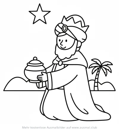 Balthasar mit Geschenk Ausmalbild zum Dreikönigstag