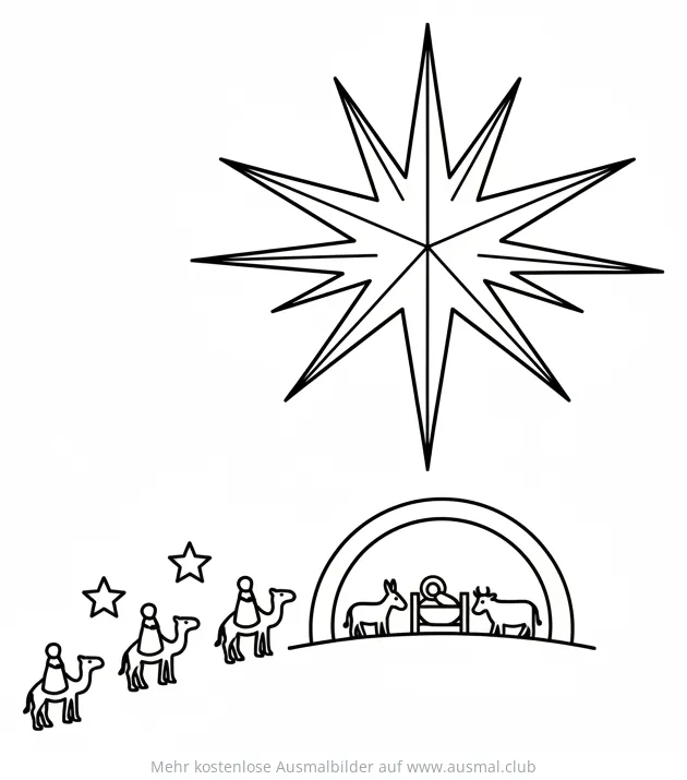 Drei Könige folgen Stern zu Krippe Ausmalbild