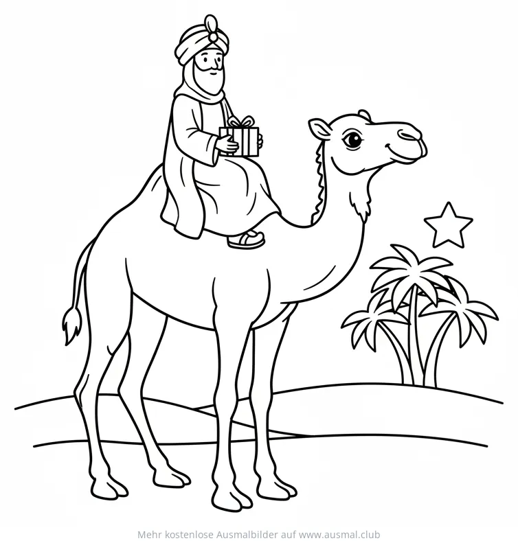 Weiser Mann auf Kamel Ausmalbild mit Geschenk und Stern
