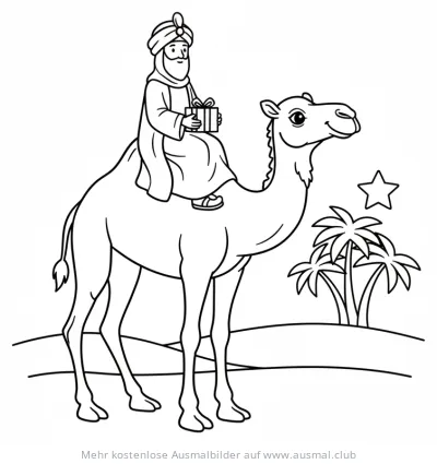 Weiser Mann auf Kamel Ausmalbild mit Geschenk und Stern