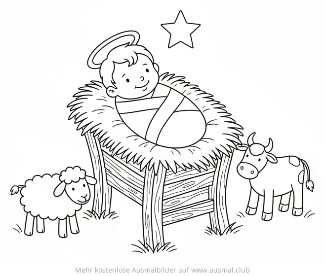 Jesuskind in Krippe mit Schaf und Kuh Ausmalbild