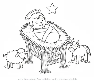 Jesuskind in Krippe mit Schaf und Kuh Ausmalbild