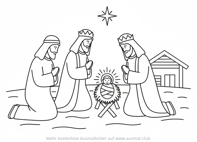 Heilige Drei Könige beten Jesuskind an Ausmalbild