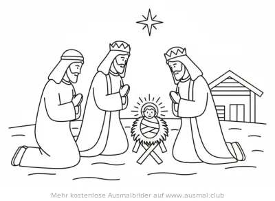Heilige Drei Könige beten Jesuskind an Ausmalbild