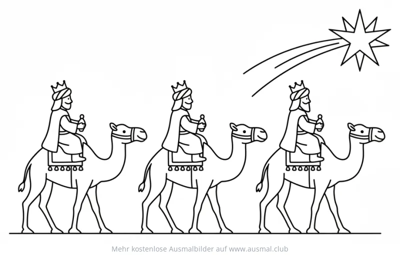 Heilige Drei Könige auf Kamelen folgen dem Stern Ausmalbild