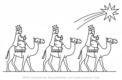 Heilige Drei Könige auf Kamelen folgen dem Stern Ausmalbild