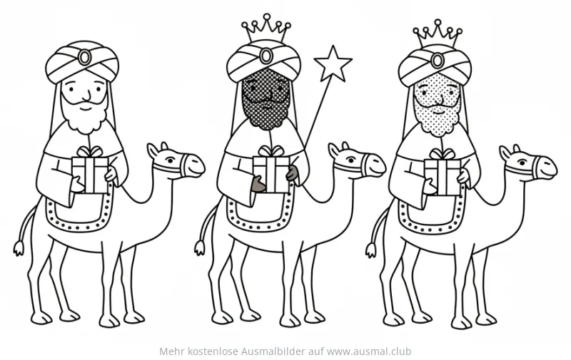 Drei Könige mit Kamelen Ausmalbild zum Dreikönigstag