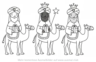 Drei Könige mit Kamelen Ausmalbild zum Dreikönigstag