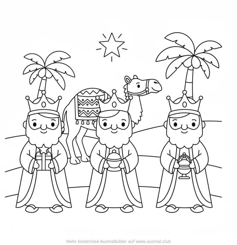Heilige Drei Könige und Kamel Ausmalbild im Cartoon-Stil