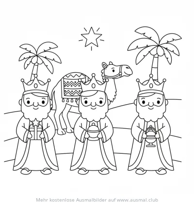 Heilige Drei Könige und Kamel Ausmalbild im Cartoon-Stil