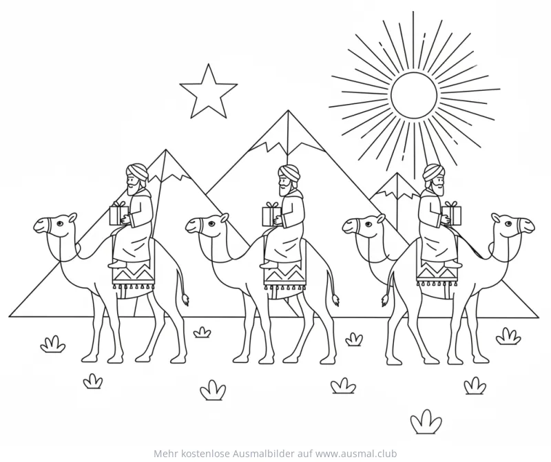 Heilige Drei Könige reiten auf Kamelen durch die Wüste Ausmalbild