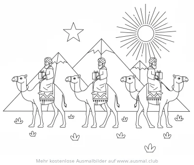 Heilige Drei Könige reiten auf Kamelen durch die Wüste Ausmalbild