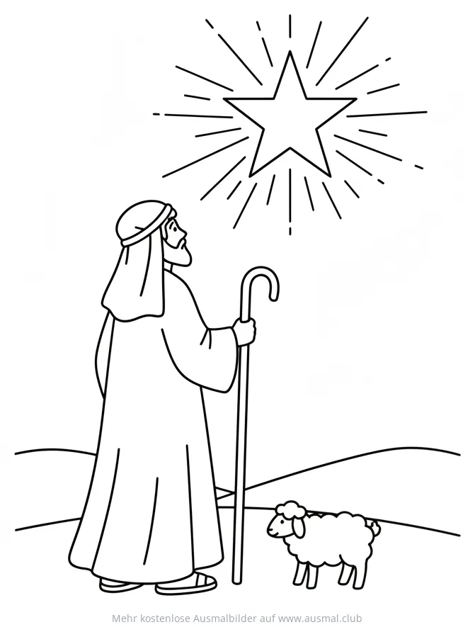 Hirte mit Schaf blickt zu Stern auf, Dreikönigstag Ausmalbild